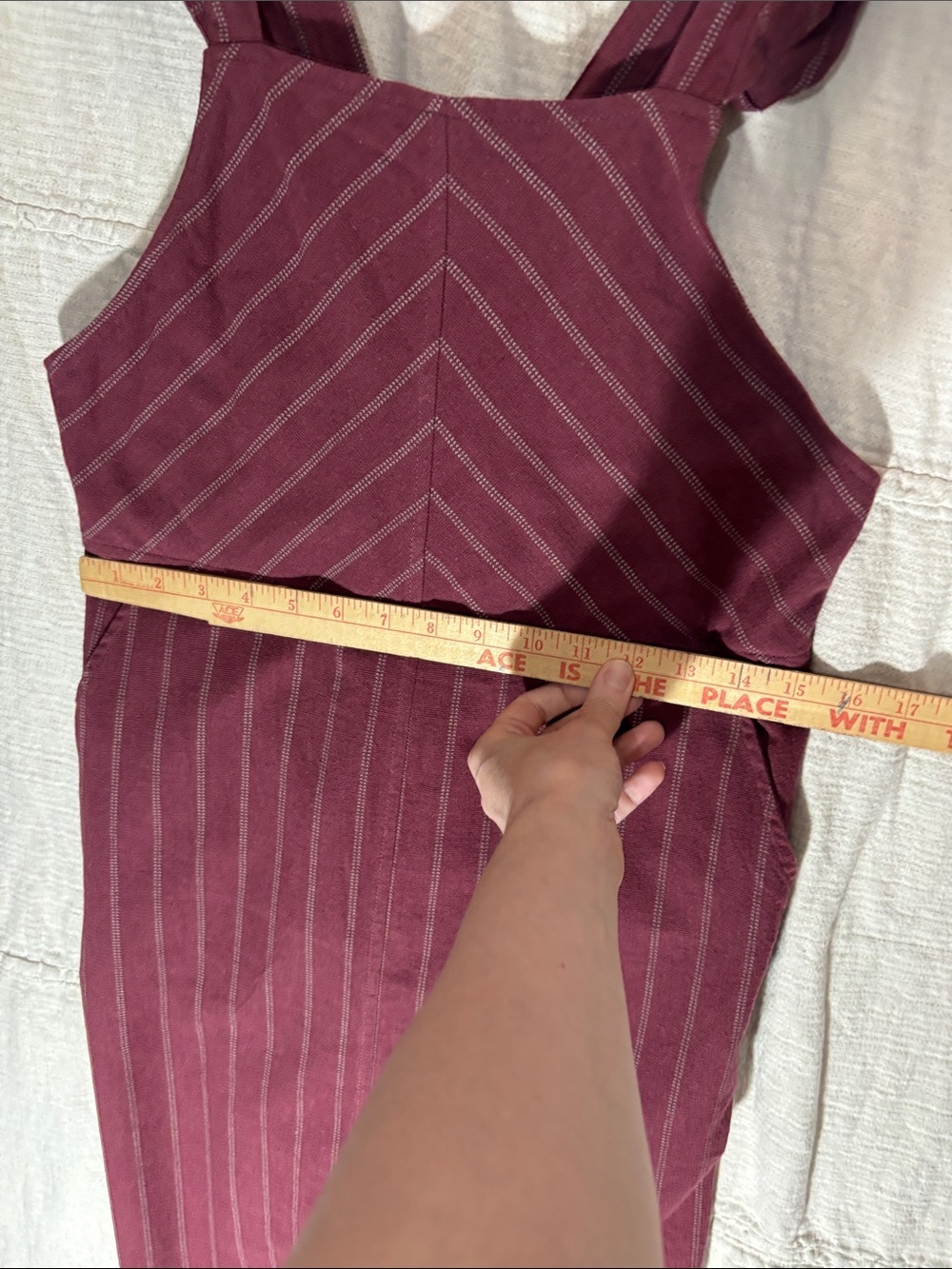 orange creek Burgundy Pinstripe Ruffle-Strap Mini Dress size Small 100% Cotton - Picture 5 of 8